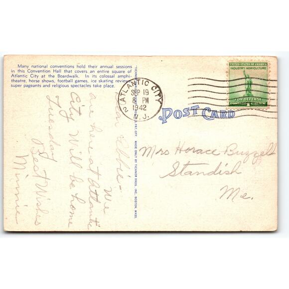 Vintage Atlantic City NJ Convention Hall & Beach Postcard 1942 Ocean Beach Town - Picture 2 of 2